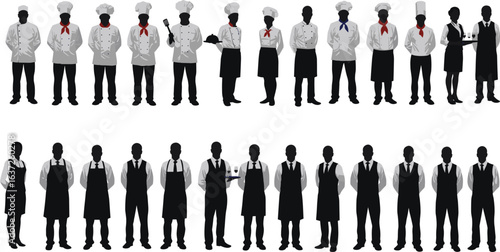 Silhouette of chefs and waiters, restaurant staff illustration, culinary team, hospitality workers, kitchen crew, catering service