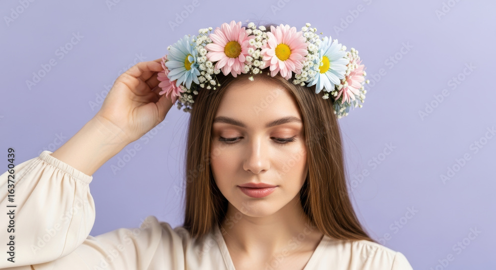 Naklejka premium Young woman with natural floral wreath poses against pastel background, displaying gentle beauty and springtime elegance, soft makeup and loose hair enhance her serene expression