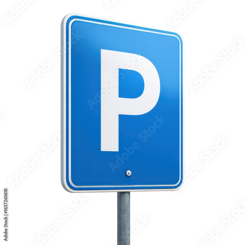 Blue parking sign indicating available parking space in a busy urban area during daylight hours