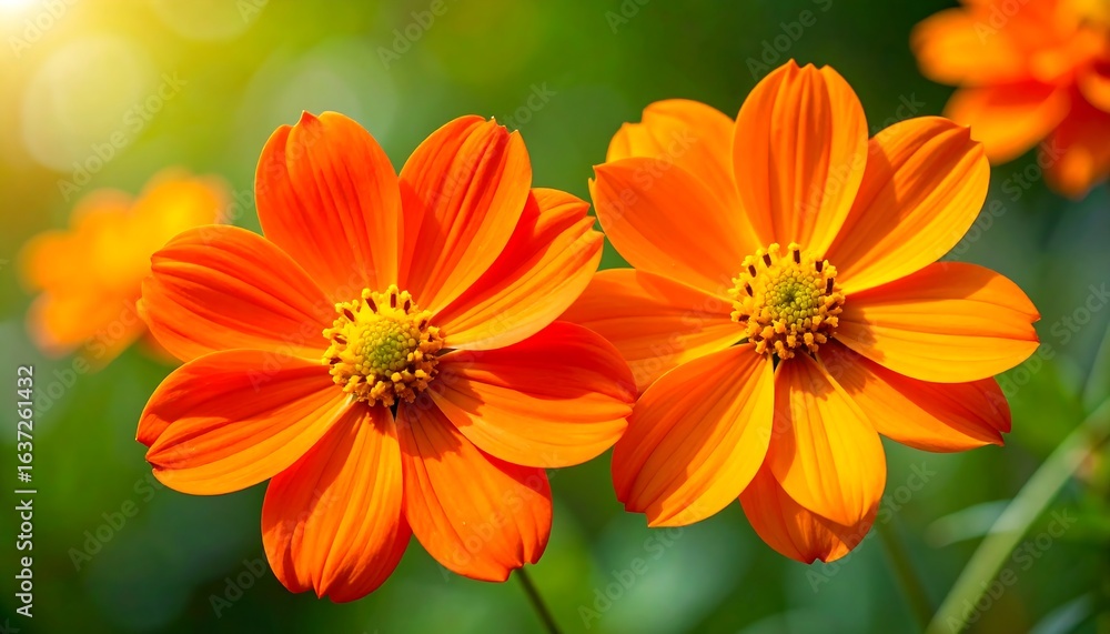 Fototapeta premium Close-up of two vibrant orange cosmos flowers