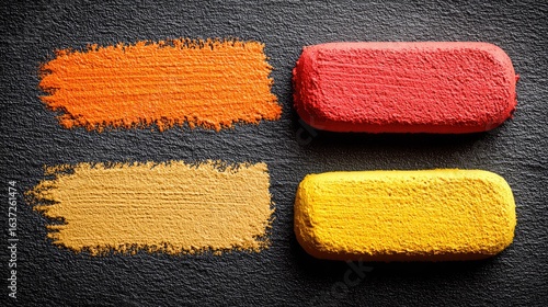 Vibrant paint strokes and blocks on dark surface