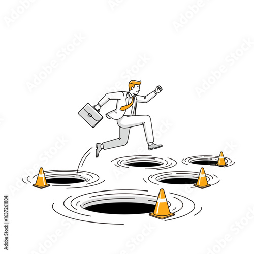 Businessman Jumping Over Potholes Risk Concept Vector