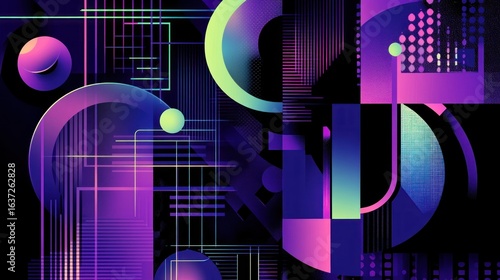 A sleek, digital-inspired abstract design with glowing neon grids, circular patterns, and geometric elements in shades of purple, blue, and green