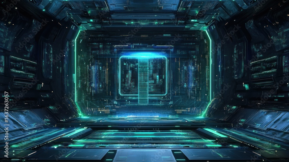 Obraz premium A sleek, futuristic abstract design with glowing circuit patterns, geometric shapes, and neon accents in shades of blue and green, set against a dark backdrop
