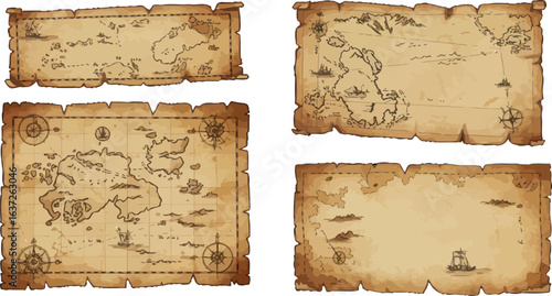 Collection of weathered antique nautical maps with marked routes and compasses