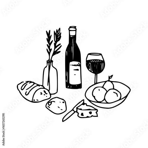 still life with wine, cheese, and bread