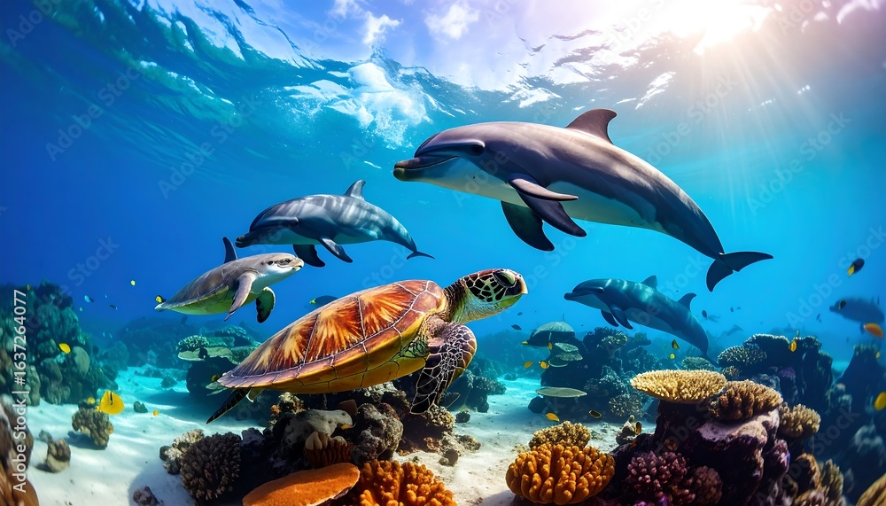 Obraz premium Dolphins swim underwater view