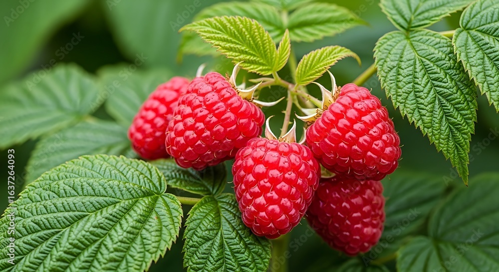 Ripe Red Raspberries Growing on a Bush Ripe Red Raspberries Growing on a Bush