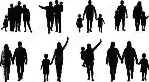 Silhouette of parents and children, happy family walking together, holding hands, love, bonding, parenting, unity, lifestyle, relationship illustration