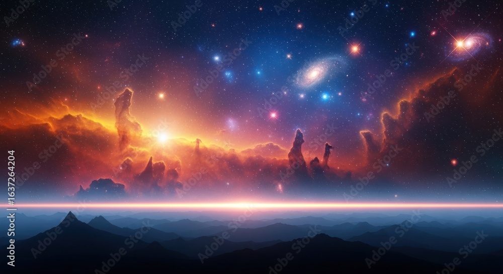 Obraz premium Cosmic Nebula Landscape with Mountains and Stars, Galaxy and Clouds, Space Exploration and Celestial Beauty