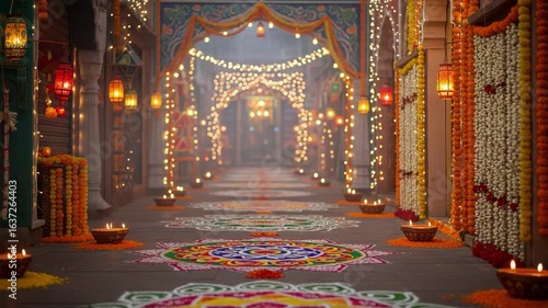 Festive Indian alleyway decorated for Diwali with glowing diyas, colorful rangoli, and marigold garlands. Hindu festival of lights celebration.