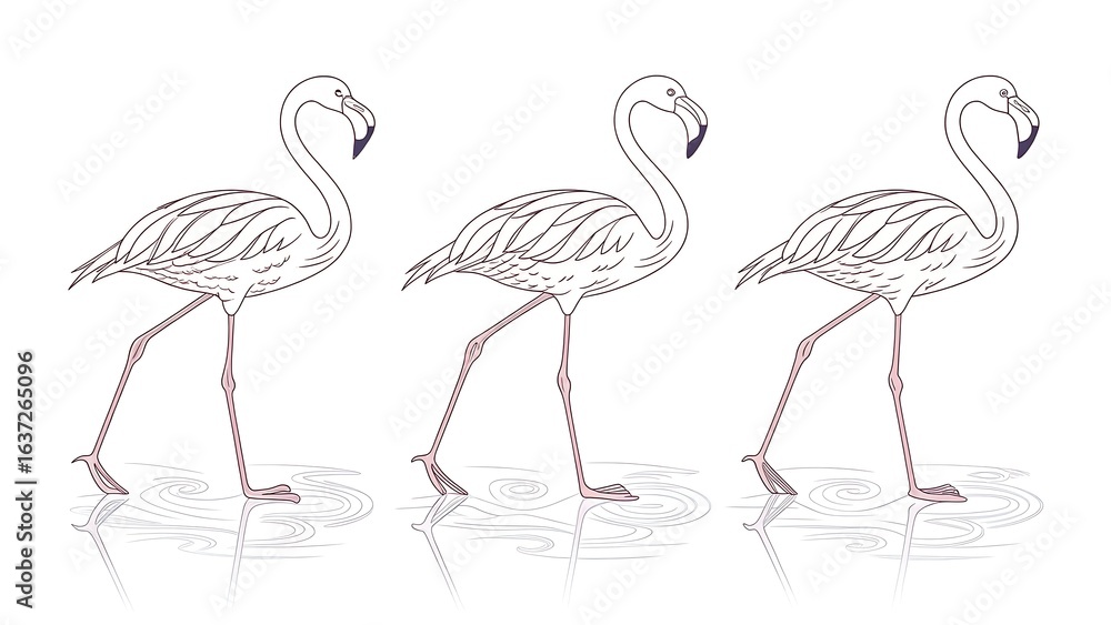 Obraz premium Three flamingo illustrations isolated on white background in a row
