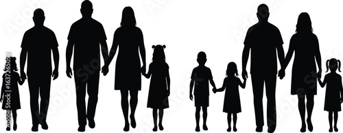 Silhouette of families walking together, parents holding hands with children, love, unity, bonding, parenting, relationship, care, support, happiness, togetherness, illustration