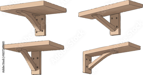 Wooden shelves illustration showcasing various design mounting styles