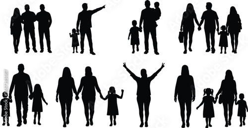 Silhouette of families, parents and children walking, standing, pointing, holding hands, parenting, unity, love, bonding, togetherness, illustration, lifestyle, relationship