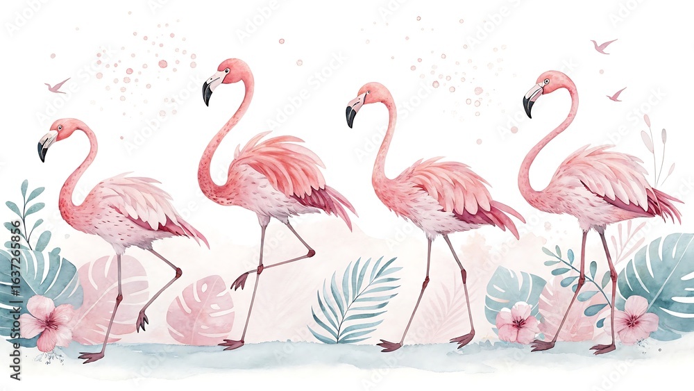 Fototapeta premium Watercolor painting of four pink flamingos with tropical leaves and flowers