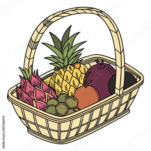 Assortment of fresh fruits in a wicker basket isolated on white background