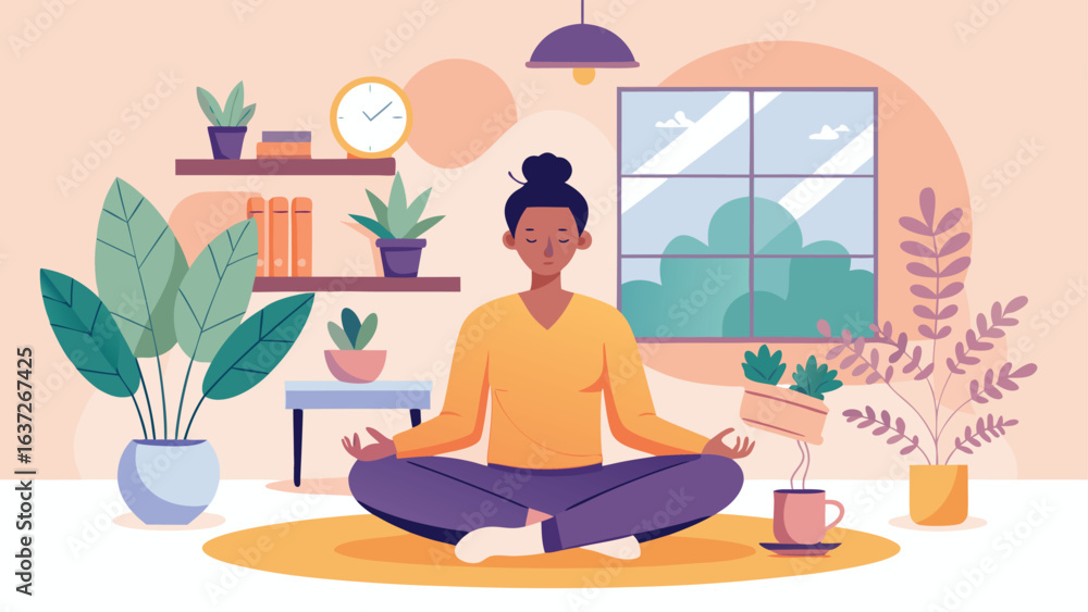 Fototapeta premium Young Person Meditating Indoors Surrounded by Houseplants – Relaxation and Mindfulness Concept
