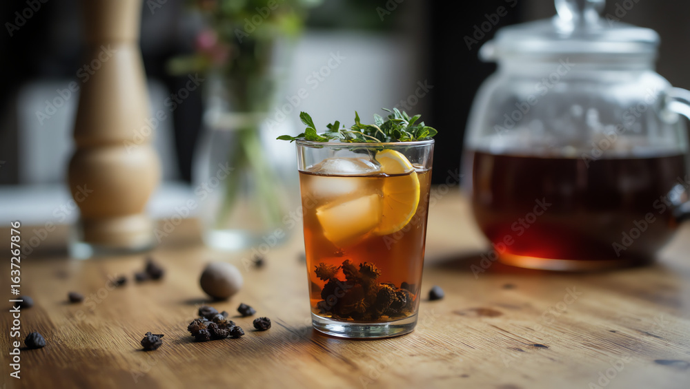 Fototapeta premium Functional Tea Shot with Botanical Garnishes – Herbal Wellness Beverage