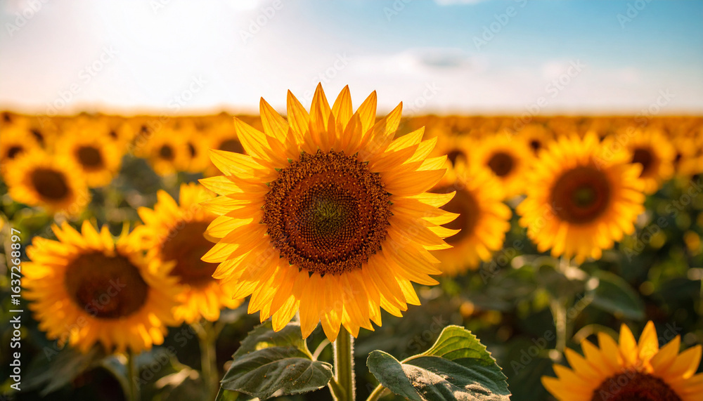 Fototapeta premium Close-up of a sunflower field in full bloom, golden yellow petals and textured brown center, blue sky in the background, cinematic composition, high resolution