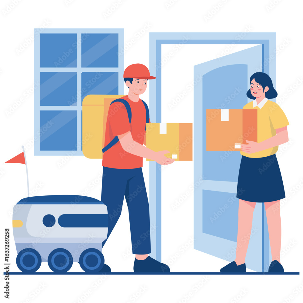 Obraz premium Bot Delivery Illustration. Vector illustration of A courier delivering a package to a customer with the help of a delivery robot for faster and smarter logistics. Isolated on background