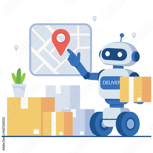 Bot Delivery Illustration. Vector illustration of A delivery robot giving packages to a customer at the door, providing efficient and contactless shipping service. Isolated on background
