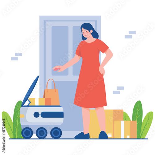 Bot Delivery Illustration. Vector illustration of A woman receives packages from a self-driving delivery robot arriving at her home. Isolated on background