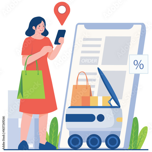 Bot Delivery Illustration. Vector illustration of A woman using her smartphone to place an order with a delivery robot, ensuring quick and convenient parcel service. Isolated on background