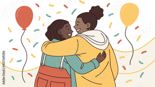 Two women hugging with balloons and confetti celebrating a special occasion together happily