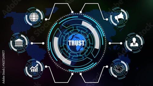 Business, Technology, Internet and network concept. Enterprise resource planning trust concept ,Abstract technology symbols on  Futuristic Technology AND world map Background.