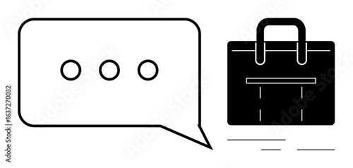 Speech bubble containing ellipses and a shopping bag side by side. Ideal for e-commerce, shopping, business communication, retail, marketing, feedback, or customer support themes. Minimal flat
