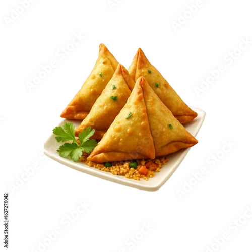 Golden samosas with fresh parsley and garnish isolated on transparent background