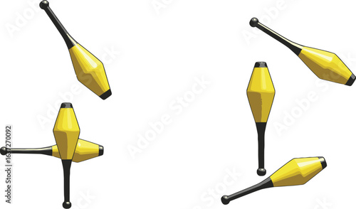 A vibrant arrangement of juggling clubs on pristine white backdrop captures motion