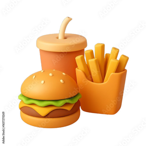 3d rendered burger fries and drink meal isolated on transparent background