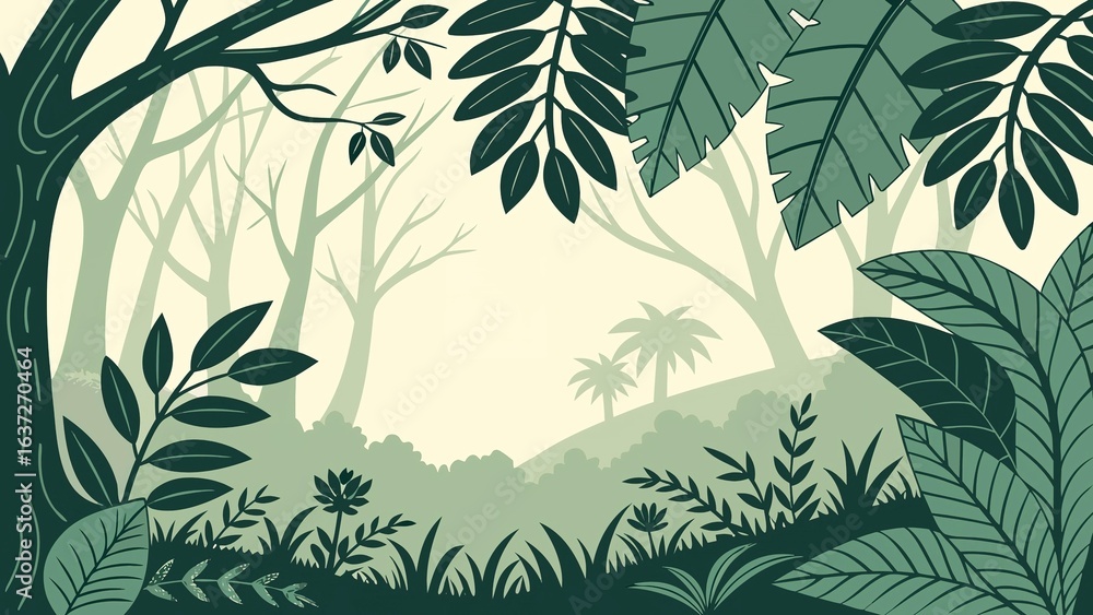 Exotic plant border in vibrant green paper cut design, summer jungle backdrop. Exotic plant border in vibrant green paper cut design, summer jungle backdrop.