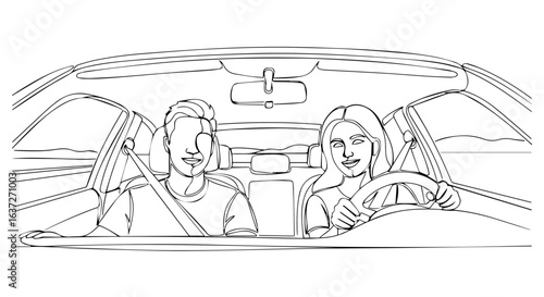 Couple road trip scene of two people driving together on highway during vacation. Concept couple road trip of girlfriend with boyfriend together while they drive together,