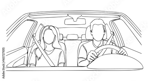 Couple road trip in car with female passenger and driver holding steering wheel, simple linear illustration. Road trip concept features driver and companion in auto interior, prepared for transport.