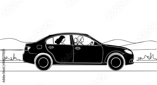 Couple road trip adventure begins with sleek sedan on winding road. Enjoy couple road trip with scenic views. Share couple road trip memories with your followers,