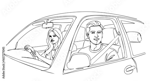Couple road trip in car. Happy couple road trip, driving along scenic route, enjoying sunshine and open road. Couple road trip offers freedom, exploration, and memorable experiences.