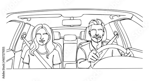 Couple road trip featuring woman and man in car ready for adventure. Couple road trip setup shows both seatbelted for their safety during ride, car trip.