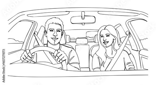 Couple road trip featuring happy driver and passenger in automobile interior. This couple road trip scene captures driver focused on road and passenger enjoying journey, with safety belts fastened.
