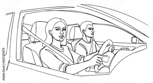 Couple road trip outline drawing of woman and man in car on journey. Couple road trip illustration features pair traveling together, providing view of front seats.