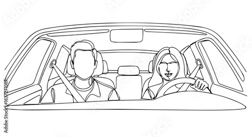 Couple road trip inside car in line drawing, adventure begins. Couple road trip enjoying scenic drive with seatbelts on, road trip symbolizes freedom.