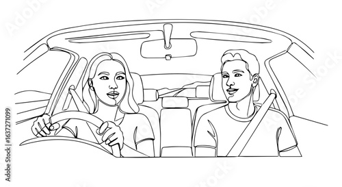 Couple road trip outline depicting road trip inside vehicle. Road trip with female driver and male passenger together on road trip. Represents relationship and journey with couple road trip.