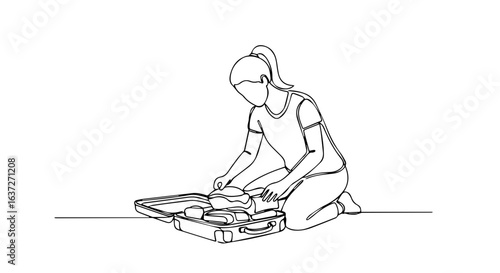 Woman suitcase packing with minimalist line art showing travel prep. Suitcase packing includes folded clothes, toiletries, and accessories for vacation.
