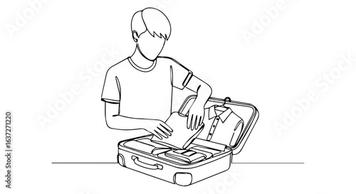 Suitcase packing line art showcases orderly travel preparation for trip. Suitcase packing in progress demonstrates folding clothes neatly into sections, ready for business trip or vacation planning,
