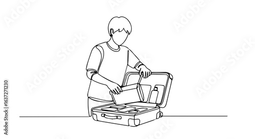 Suitcase packing in minimal style showcasing travel preparations. Suitcase packing includes folded clothes and travel accessories ready for voyage, perfect for minimalist aesthetic.