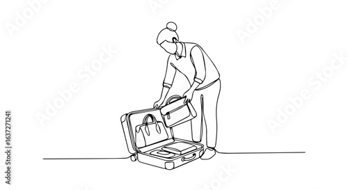 Suitcase packing showing woman filling luggage with essential items, demonstrating travel preparation. Suitcase packing requires thoughtful arrangement of clothes, shoes, and accessories,