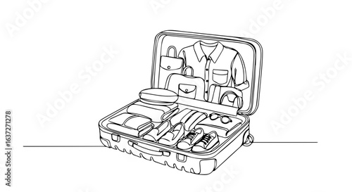 Detailed suitcase packing illustration, prepared with clothes and belongings for travel. Suitcase packing requires planning and arrangement for vacation.