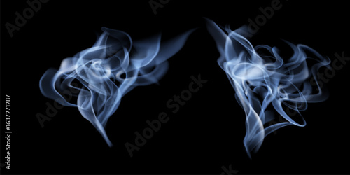 Realistic white cloud or fire smoke in the sky and vector weather element on transparent background. Chimney smoke, fog wave or cloud pattern with overlay effect. Cloud art or smoky air illustration.